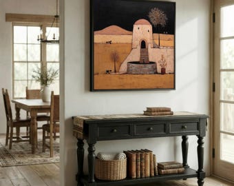 Arte mural de estilo occidental: Pozo de piedra rústica del desierto: Paisaje melancólico, estilo vintage terroso / Lienzo o lámina enmarcada, decoración minimalista 1692