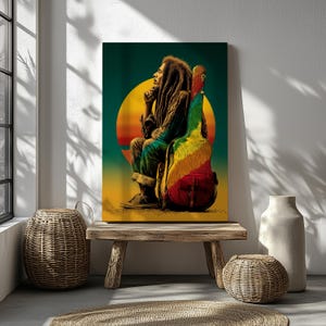 Reggae-inspired silhouette portrait of a man in profile with textured dreadlock-like hair, evoking a legendary Caribbean music icon, rendered in layered abstract textures with warm red, orange, and deep shadow tones for a soulful, vintage-inspired wall art composition. Illustration of a man with long dreadlocks sitting beside a colorful guitar case at sunset, evoking a legendary reggae icon, with warm tropical tones and a soulful, laid-back atmosphere.