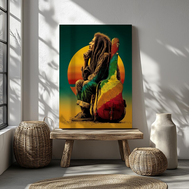 Reggae-inspired silhouette portrait of a man in profile with textured dreadlock-like hair, evoking a legendary Caribbean music icon, rendered in layered abstract textures with warm red, orange, and deep shadow tones for a soulful, vintage-inspired wall art composition. Illustration of a man with long dreadlocks sitting beside a colorful guitar case at sunset, evoking a legendary reggae icon, with warm tropical tones and a soulful, laid-back atmosphere.