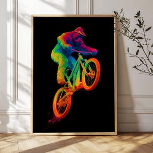 Biking Print Gorilla Mountain Bike Stunt Art: Neon Colorful Cycling Poster, Matte Paper | Vivid Colors, Multiple Sizes V_1429