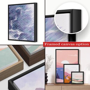 The image is a collage of four different framed canvas options, showcasing various abstract artworks and designs.