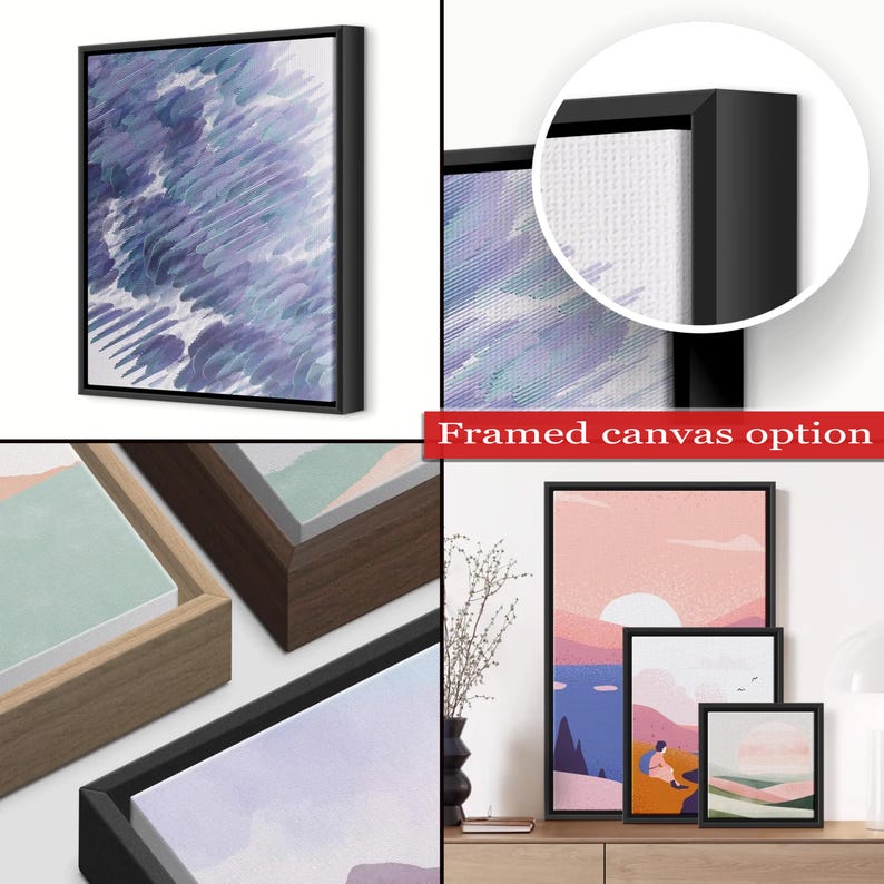 The image is a collage of four different framed canvas options, showcasing various abstract artworks and designs.