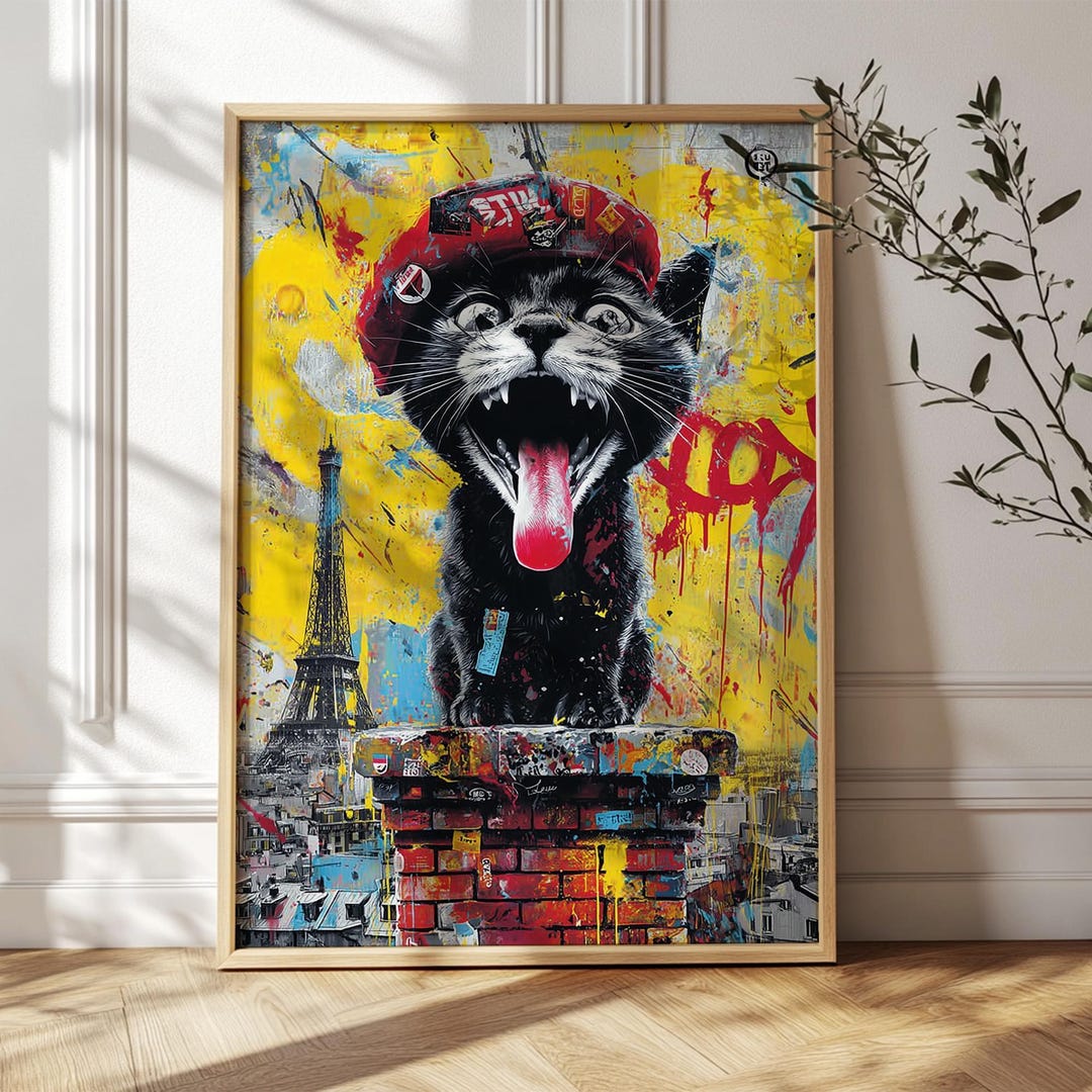 Wall Art Pop Art Black Cat Poster: Urban Graffiti Style, Paris Skyline ...