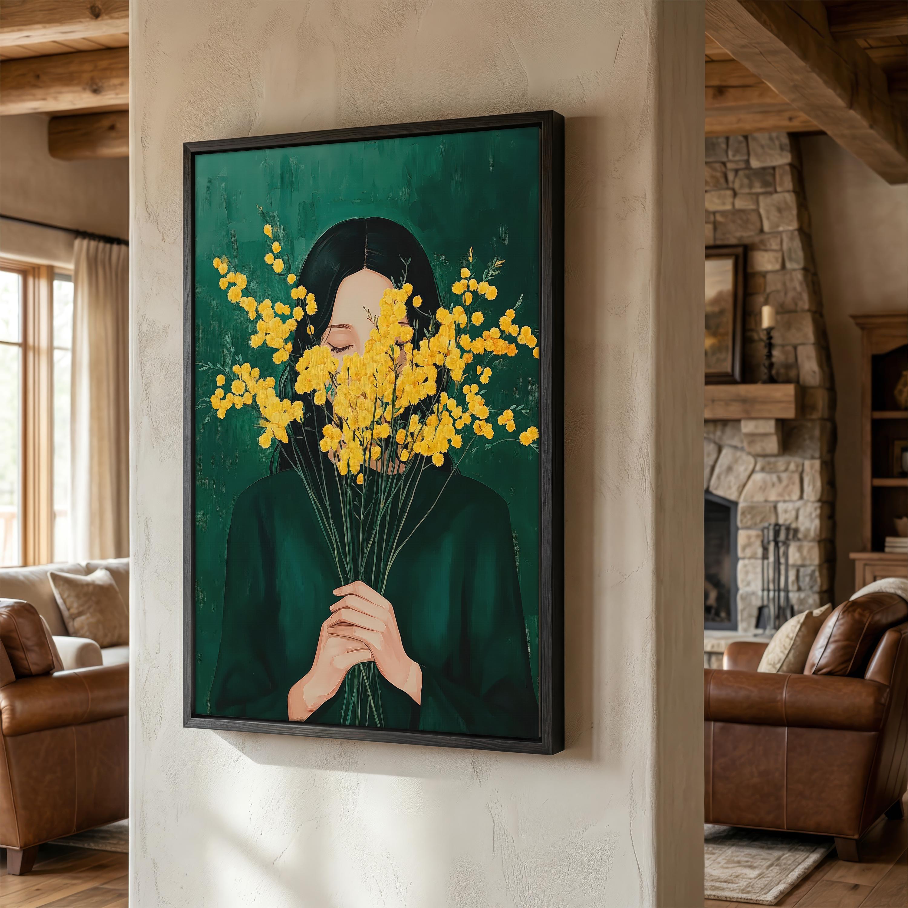 Emerald Green Woman With Mimosa Flowers Art Print : Floral Portrait ...