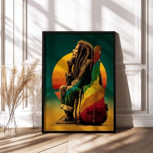 Reggae-inspired silhouette portrait of a man in profile with textured dreadlock-like hair, evoking a legendary Caribbean music icon, rendered in layered abstract textures with warm red, orange, and deep shadow tones for a soulful, vintage-inspired wall art composition. Illustration of a man with long dreadlocks sitting beside a colorful guitar case at sunset, evoking a legendary reggae icon, with warm tropical tones and a soulful, laid-back atmosphere.