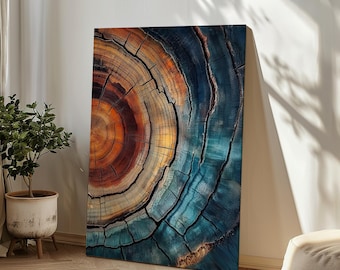 Colorful Tree Rings Art – Abstract Nordic Oil Painting Print, Rustic Home Decor