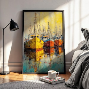 Rustic Harbor Scene Printable - Fishing Boats Painting, Vibrant Nautical Wall Art, Coastal Decor, Seaside Landscape, Digital Art 63