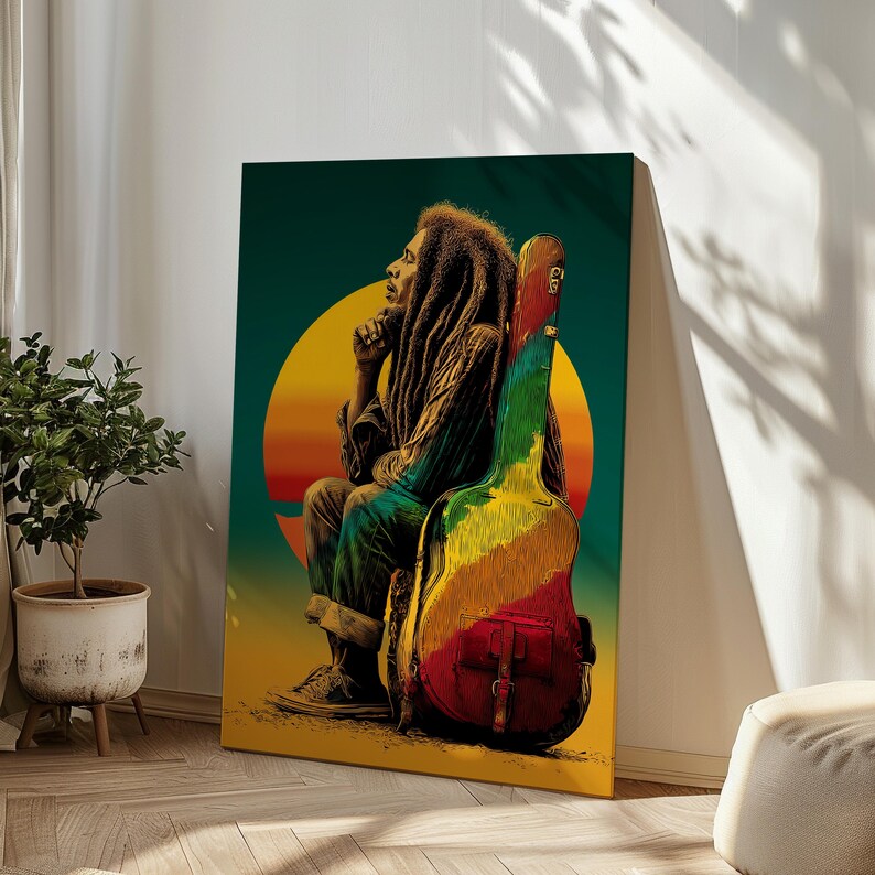 Reggae-inspired silhouette portrait of a man in profile with textured dreadlock-like hair, evoking a legendary Caribbean music icon, rendered in layered abstract textures with warm red, orange, and deep shadow tones for a soulful, vintage-inspired wall art composition. Illustration of a man with long dreadlocks sitting beside a colorful guitar case at sunset, evoking a legendary reggae icon, with warm tropical tones and a soulful, laid-back atmosphere.