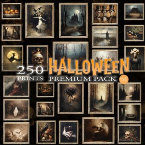 May include: A selection of 250 Halloween prints, showcasing spooky imagery such as a haunted house, a witch, and a crowned skull. The text "Halloween Premium Pack" is visible. The prints are in various sizes.