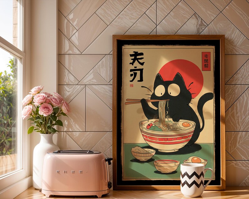 Hungry Cat in Tokyo" – Ramen Cat Poster | Vintage Noodles Print | Japanese Ramen Wall Art for Cat Lovers, hungry cat poster, noodles vintage cat, ramen cat poster, tokyo black cat art, ramen cat art print, ramen lover wall art, japanese ramen cat, cat food poster, japan cat poster, ramen noodles japan, cute cat ramen, japan food poster, noodle cat japan