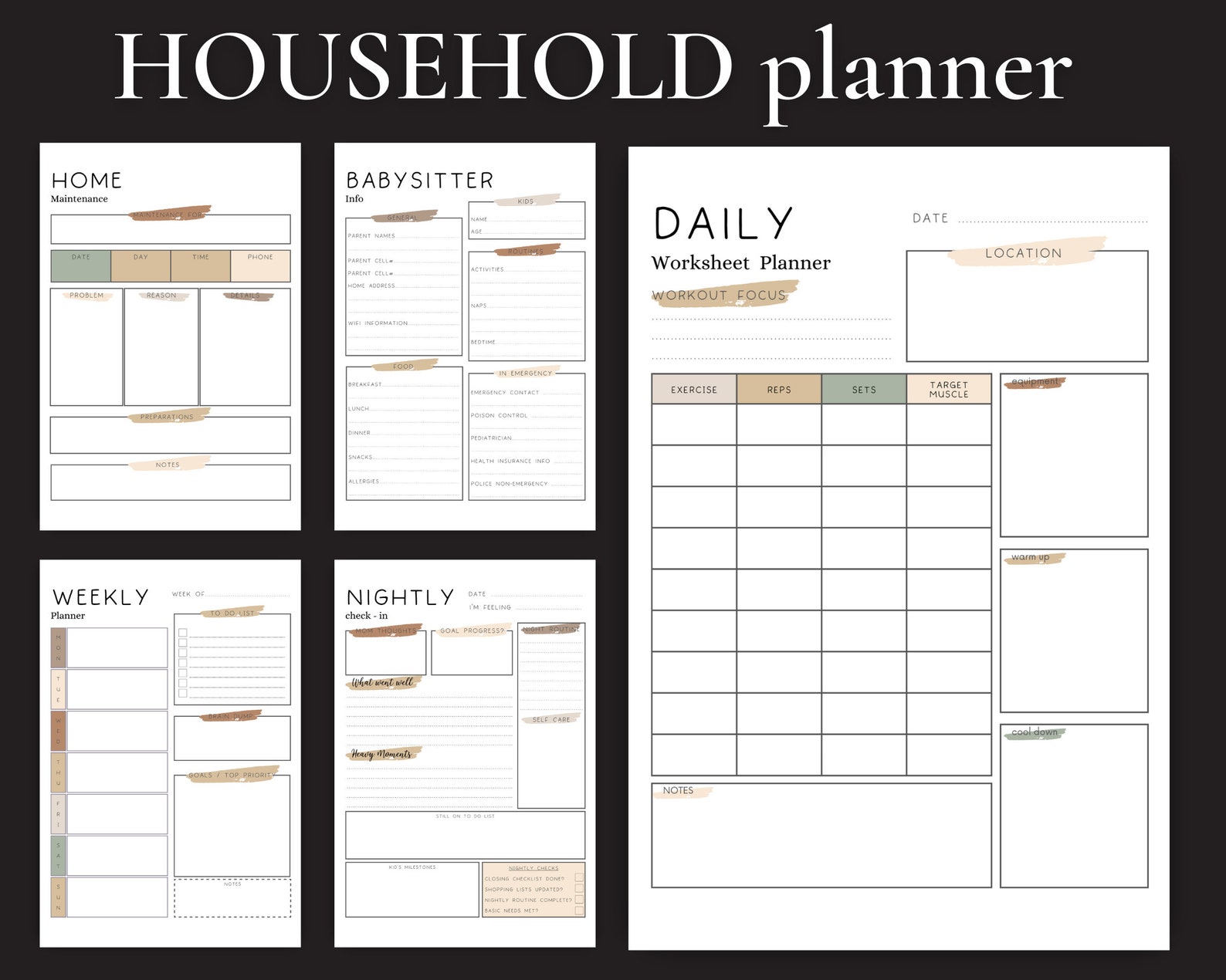 Neutral Household Planner Bundle 2024, Undated Journal, Printable
