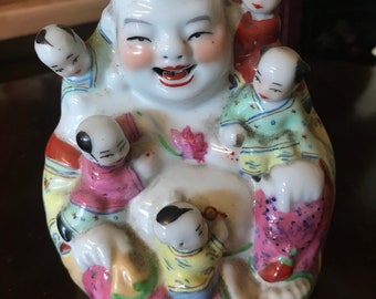 Chinese Vintage Porcelain Figurine laughing Buddha Statue Happy Buddha with Kids figurine Asian collectable