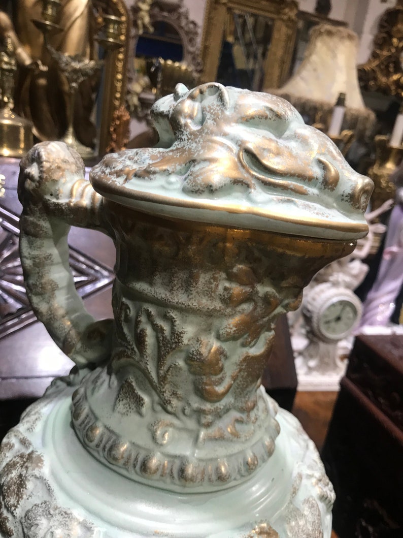 Beautiful vintage quirky ceramic vase decorative home decor large green gold cream image 6