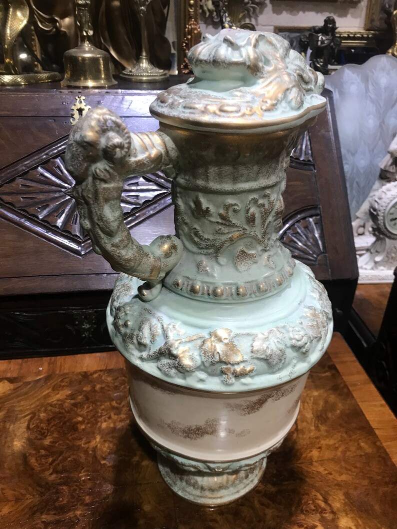 Beautiful vintage quirky ceramic vase decorative home decor large green gold cream image 1
