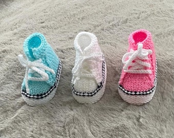 Handmade Baby Trainers | Hand knitted baby booties | New born baby shoes | 0-3 months | Available in pink, white or blue