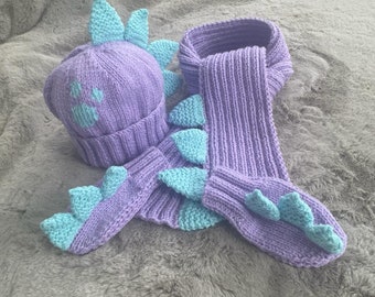 Handmade ROARsome Purple and Turquoise Dino Set | Hat, Scarf and mittens | Baby Set | Baby Gift Set | 6-12 months