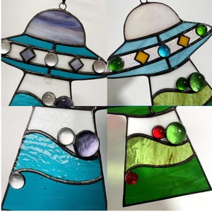 Custom Stained Glass Cat UFO Spaceship Suncatcher: Feline Alien Encounter Mobile image 13