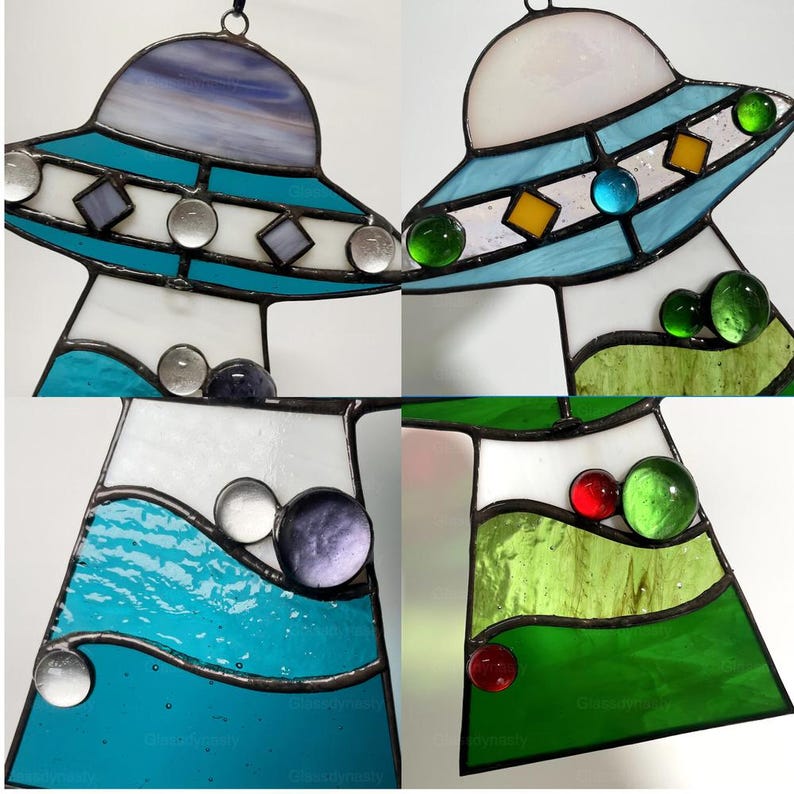 Custom Stained Glass Cat UFO Spaceship Suncatcher: Feline Alien Encounter Mobile image 13