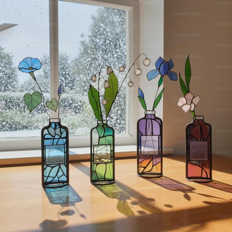 May include: Four stained glass vases with floral arrangements sit on a wooden surface. Each vase is a different color, with blue, green, purple, and red hues. The flowers include blue morning glories, lily of the valley, irises, and a pink flower.