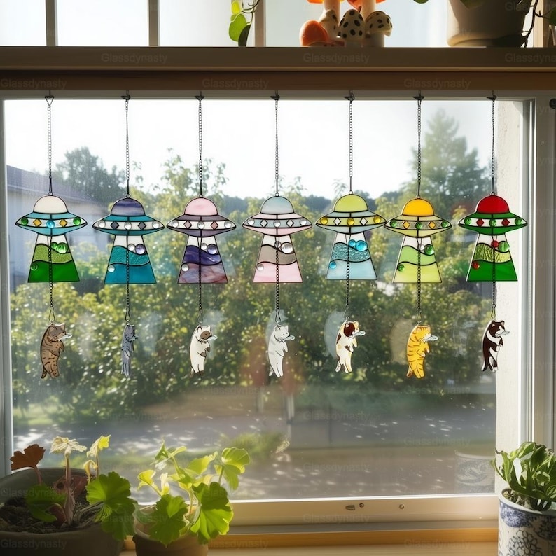 Custom Stained Glass Cat UFO Spaceship Suncatcher: Feline Alien Encounter Mobile image 3