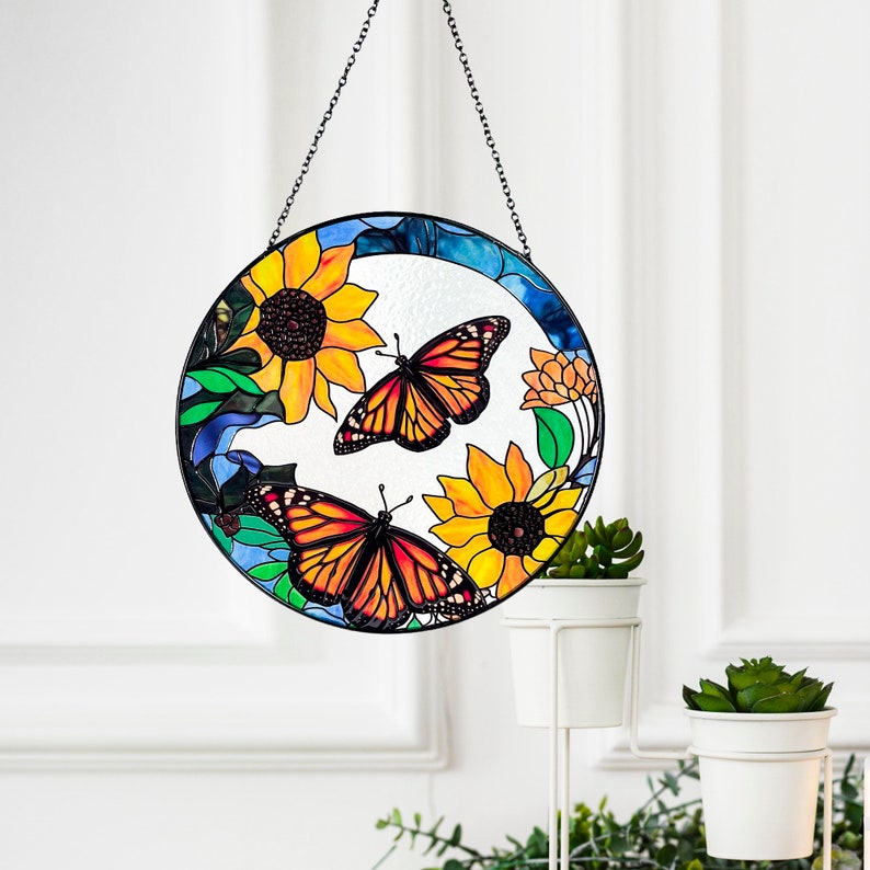 Monarch Butterflies and Sunflowers Stained Glass Suncatcher, Beautiful Sun Catcher, Gifts for Women, Window Hanging, Indoor Decor, Butterfly image 7