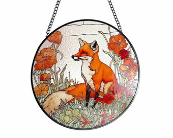 Fox Among California Poppies Stained Glass Suncatcher, Gifts, Wall Art, Window Hanging, Indoor Decor, Sun Catcher