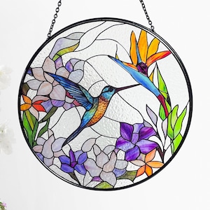 Hummingbird and Bird of Paradise Flower Stained Glass Suncatcher,  Indoor Decor, Window Hanging, Wall Art, Gifts for Women, Sun Catcher