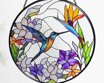 Colibri et oiseau de paradis attrape-soleil en vitrail, décoration d'intérieur, suspension de fenêtre, art mural, cadeaux pour femme, attrape-soleil