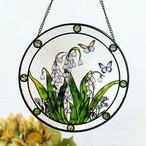 Lily of the Valley with Butterflies Stained Glass Suncatcher, Lilies, Butterfly, Gifts, Window Hanging, Indoor Decor, Sun Catcher
