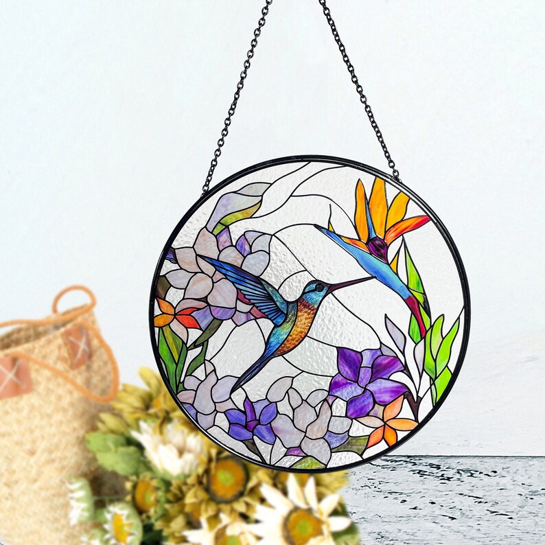 Hummingbird & Bird of Paradise Stained Glass Suncatcher: Tropical Decor ...