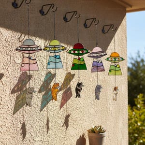 Custom Stained Glass Cat UFO Spaceship Suncatcher: Pressed Flower Alien Encounter Mobile