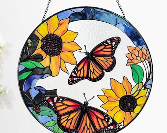Monarch Butterflies and Sunflowers Stained Glass Suncatcher, Beautiful Sun Catcher, Gifts for Women, Window Hanging, Indoor Decor, Butterfly