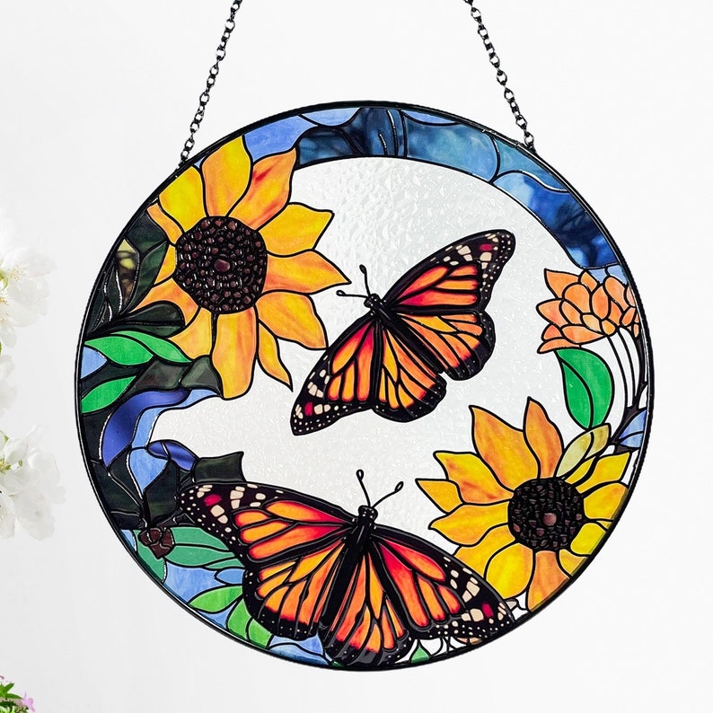 Monarch Butterflies and Sunflowers Stained Glass Suncatcher, Beautiful Sun Catcher, Gifts for Women, Window Hanging, Indoor Decor, Butterfly image 1