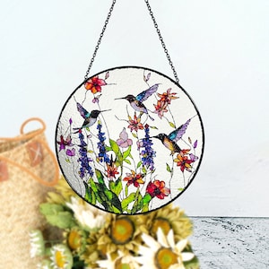 Hummingbirds and Wild Flowers Stained Glass Suncatcher, Indoor Decor, Window Hanging, Wall Art, Gifts for Women, Sun Catcher image 7