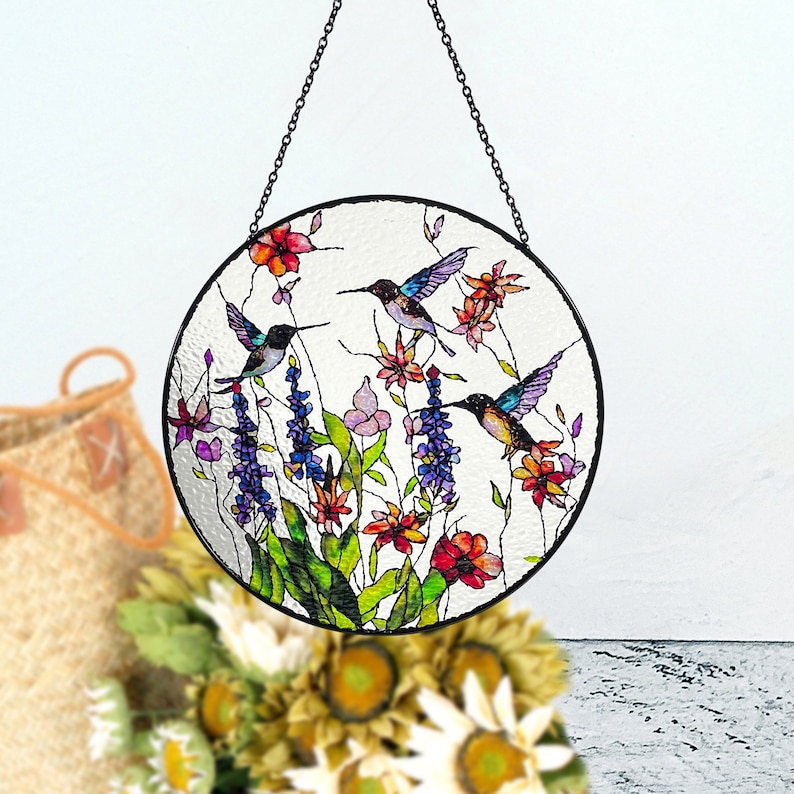 Hummingbirds and Wild Flowers Stained Glass Suncatcher, Indoor Decor, Window Hanging, Wall Art, Gifts for Women, Sun Catcher image 7