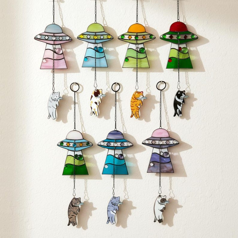 Custom Stained Glass Cat UFO Spaceship Suncatcher: Feline Alien Encounter Mobile image 1