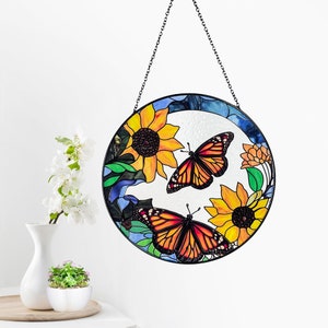 Monarch Butterflies and Sunflowers Stained Glass Suncatcher, Beautiful Sun Catcher, Gifts for Women, Window Hanging, Indoor Decor, Butterfly image 3