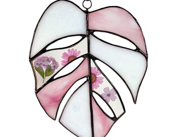 Pink Monstera Leaf Stained Glass Pressed Flower Window Hanging Suncatcher