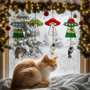 Custom Stained Glass Cat UFO Spaceship Suncatcher: Feline Alien Encounter Mobile image 18