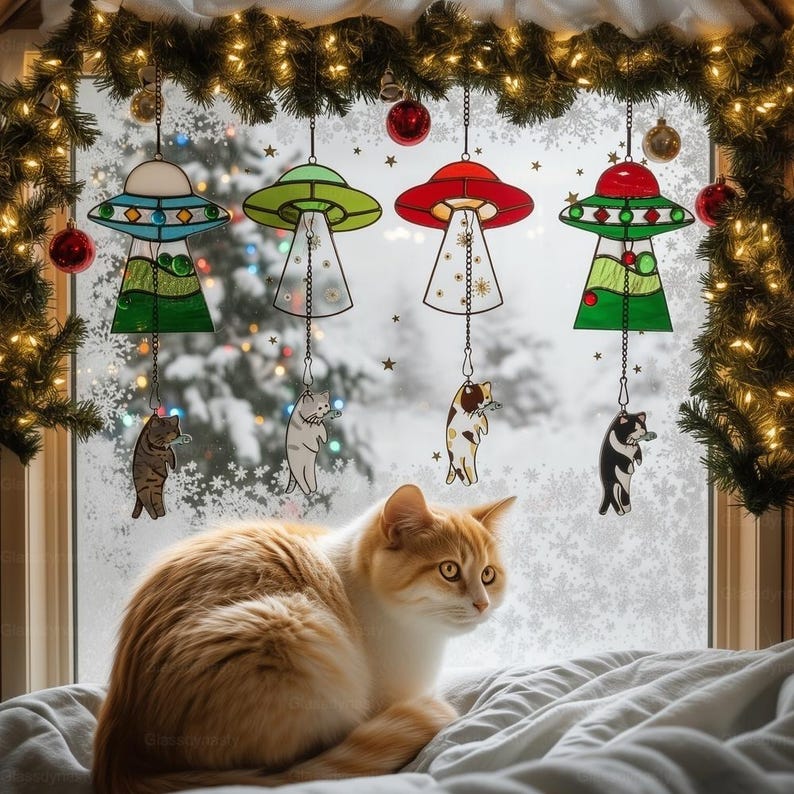 Custom Stained Glass Cat UFO Spaceship Suncatcher: Feline Alien Encounter Mobile image 18