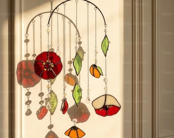Personalized Large California Poppy Leave Stained Glass Window Hangings Poppies Suncatcher Customized Contemporary Botanical Wind Chimes