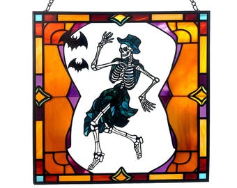Dancing Skeleton Stained Glass Suncatcher: Halloween Window Decor