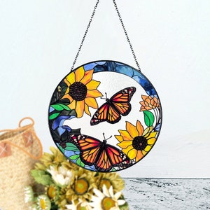 Monarch Butterflies and Sunflowers Stained Glass Suncatcher, Beautiful Sun Catcher, Gifts for Women, Window Hanging, Indoor Decor, Butterfly image 4