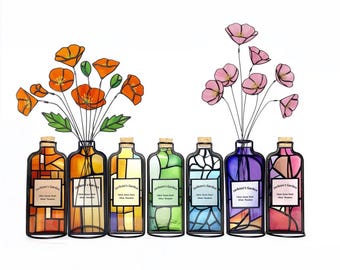 Personalized Stained Glass Bottle Vase Faux California Poppies Bouquet Suncatcher 3, Customized Contemporary Botanical Gift
