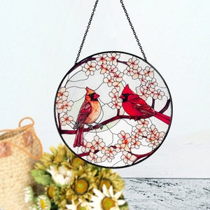 Male and Female Cardinal Lovebirds in Moonlight Stained Glass Suncatcher, Gifts for Women, Window Hanging, Indoor Decor, Sun Catcher, Birds image 5