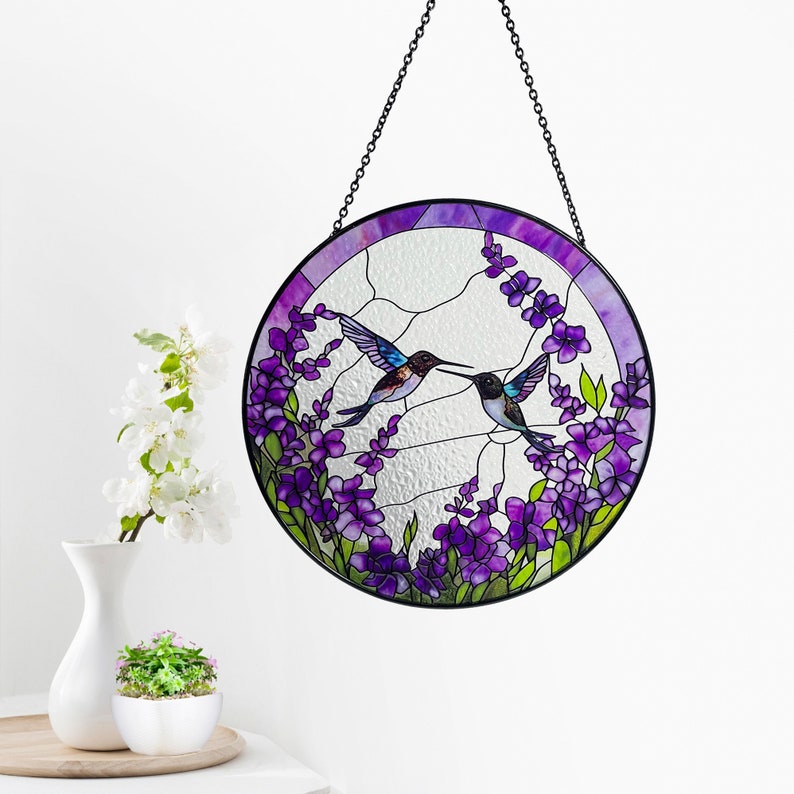 Hummingbirds Among Lavender Flowers Stained Glass Suncatcher, Wall Art, Window Hanging, Indoor Decor, Gifts for Women, Sun Catcher image 3