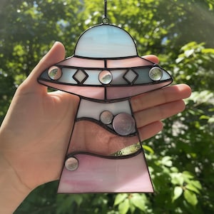 Custom Stained Glass Cat UFO Spaceship Suncatcher: Feline Alien Encounter Mobile image 15