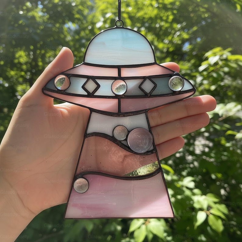 Custom Stained Glass Cat UFO Spaceship Suncatcher: Feline Alien Encounter Mobile image 15