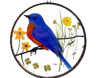 Stained Glass Bluebird Suncatcher: Real Pressed Flowers, Window Decor