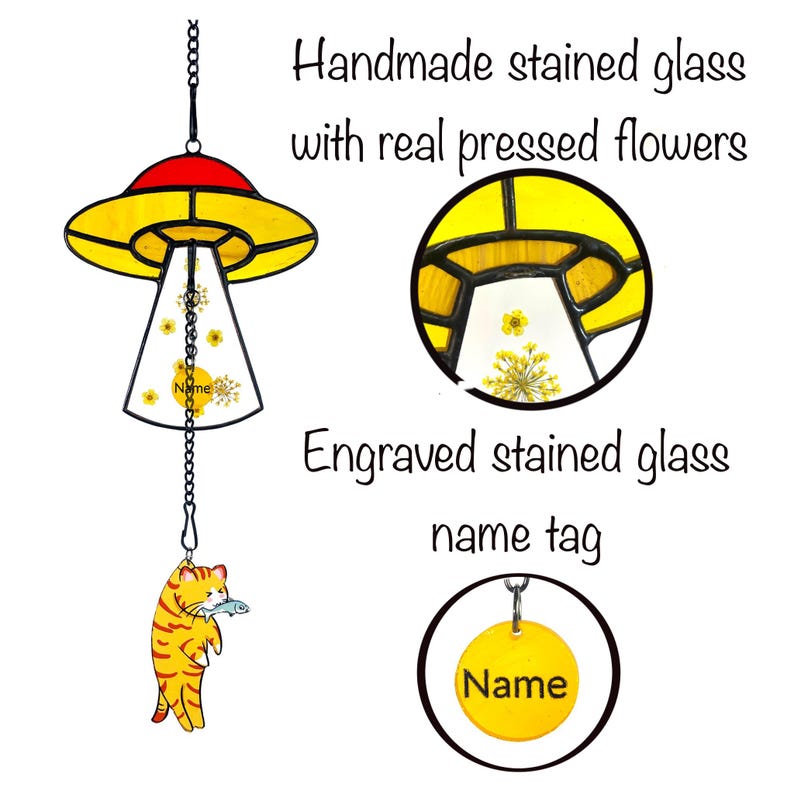 Custom Stained Glass Cat UFO Spaceship Suncatcher: Feline Alien Encounter Mobile image 19